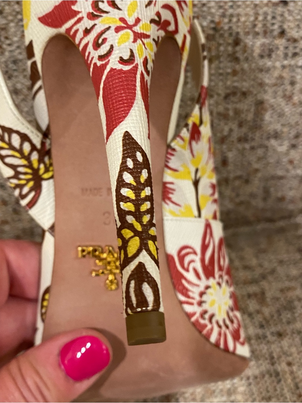 Prada Cream Floral Slingback Heels with Red & Yellow Accents - Picture 10 of 14